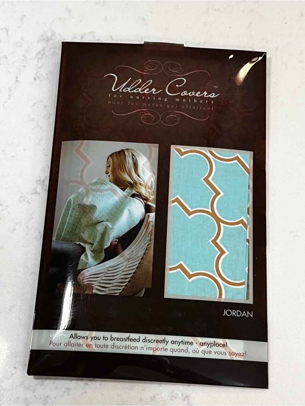 Udder Covers Nursing Cover in Aqua and Tan Geometric Print - Picture 8 of 9
